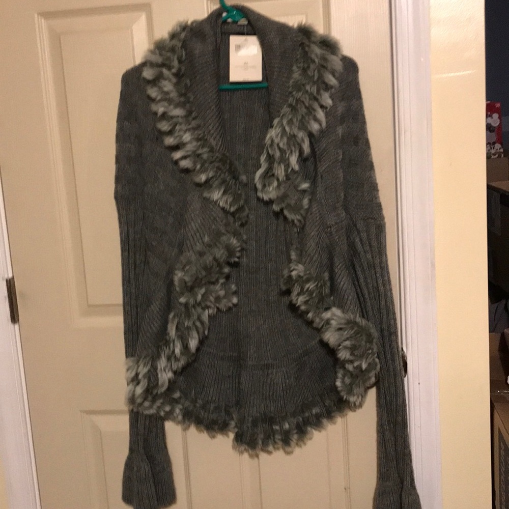 Boston proper fur trim drape gray cardigan